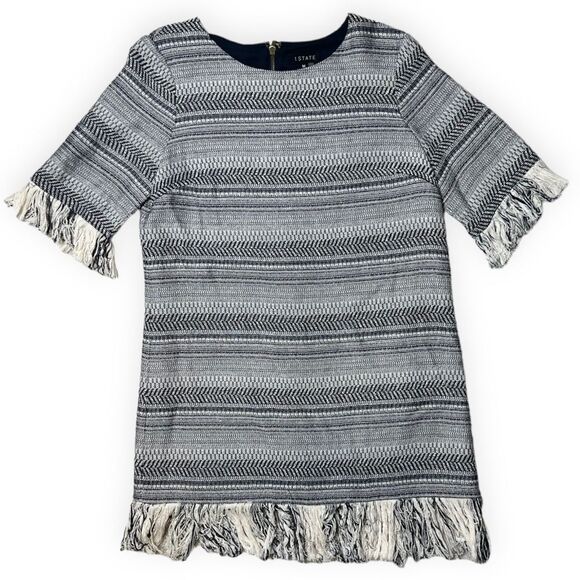 1.STATE Cotton Rustic Tweed Navy and White Fringe Dress - Picture 2 of 11